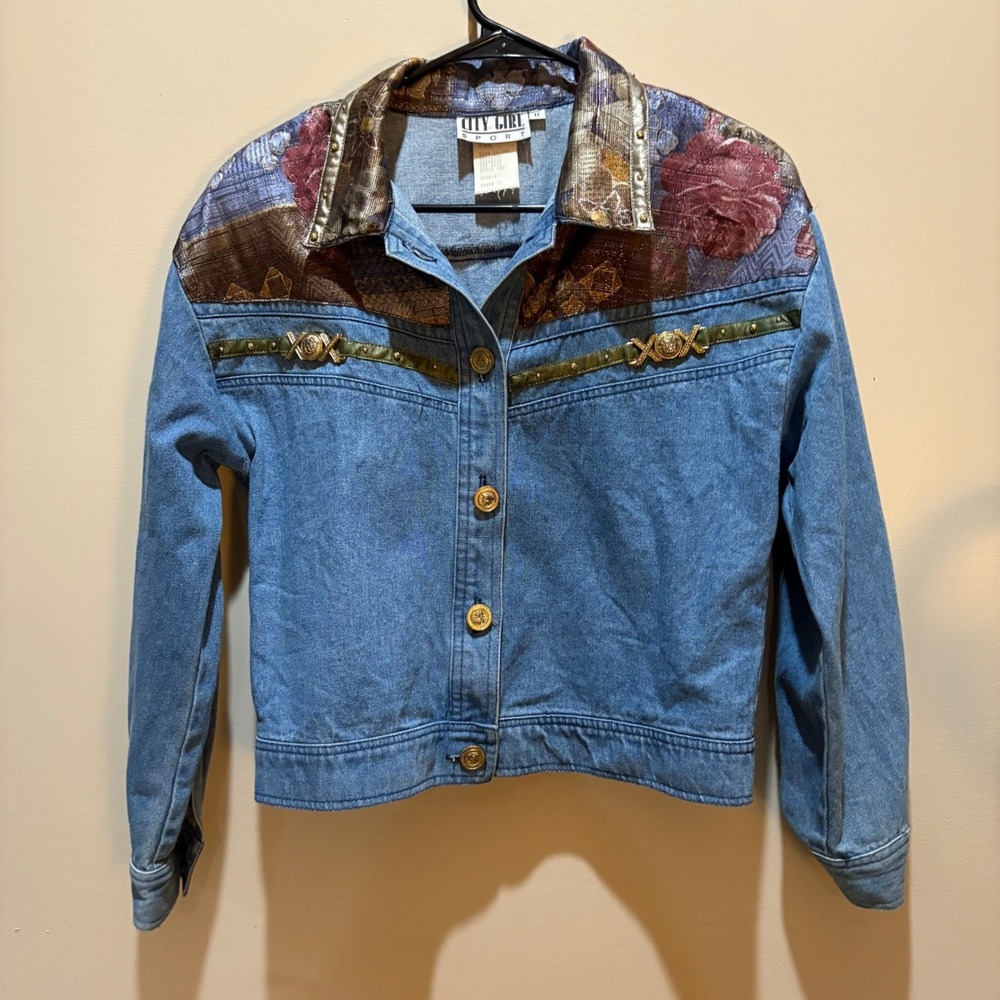 City Girl Sport Denim Jacket Vest Set Vintage Blue Floral Trim Embellished Sz 8‎